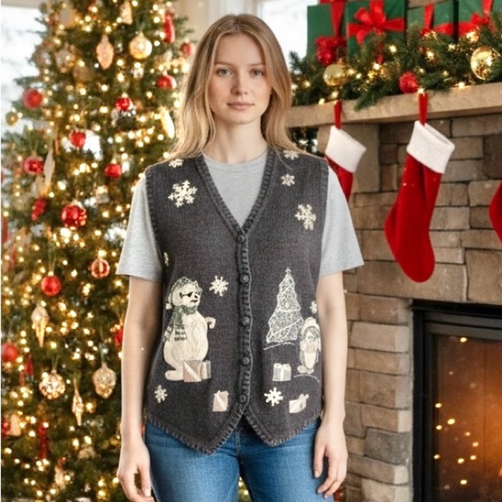 Ugly Christmas Sweater Vest Beads Victoria Jones Woman Sz 2X Gray Snowmen Flakes